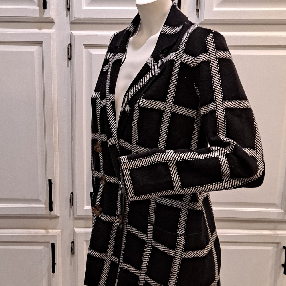 Marled Black and White Checkered Plaid Sweater Blazer